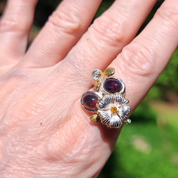 Black Opal Citrine & Aquamarine Sterling Flower ring sz9